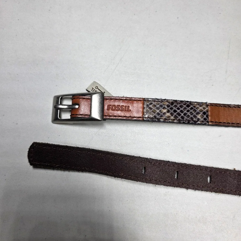 Fossil Snakeskin Patchwork Leather Skinny Belt Brown Tan Black Size Medium M